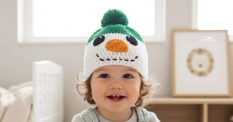 Smiling toddler wearing a white crochet snowman hat with a green pom-pom, green top band, orange carrot nose, and stitched black smile in a bright modern neutral kids bedroom.