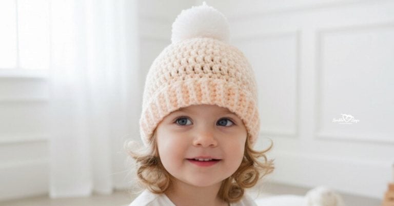 Toddler wearing a peach crochet hat with a white pom pom, photographed in a bright white room with soft natural light.