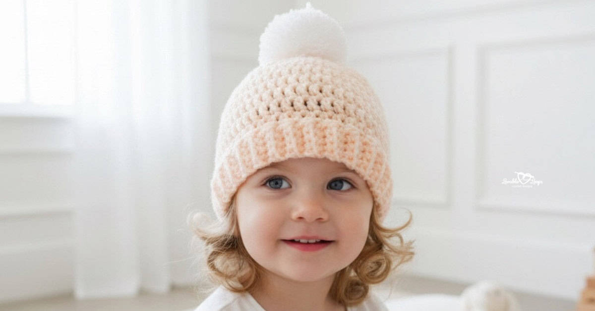 Toddler wearing a peach crochet hat with a white pom pom, photographed in a bright white room with soft natural light.