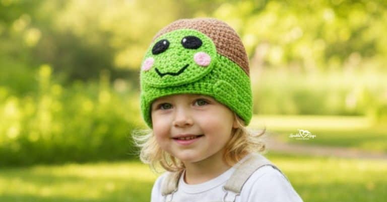 Child wearing a green crochet turtle hat on a bright green nature trail with soft trees in the background