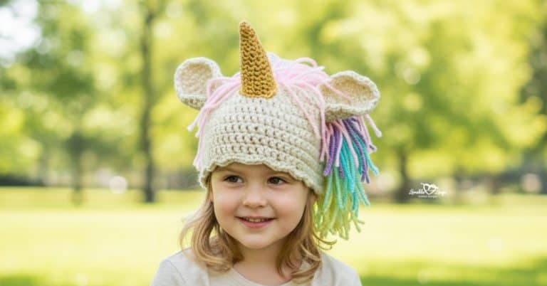 Child wearing a cream crochet unicorn hat with a gold horn and pastel rainbow mane in a bright sunny park with softly blurred trees in the background