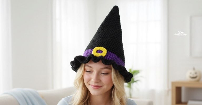 Teenage girl wearing a tall black crochet witch hat with a purple band, yellow buckle detail, and ruffled brim in a bright neutral room with subtle Halloween decor.