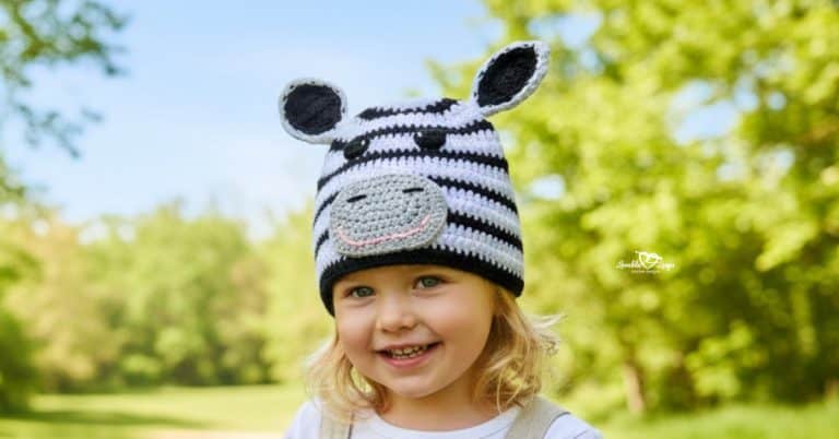 Child wearing a black and white crochet zebra hat on a bright green nature trail with trees and open grass in the background