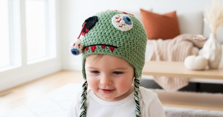 Baby wearing a green crochet zombie hat with mismatched eyeballs, red teeth, and braided earflaps in a bright neutral room with subtle Halloween decor.