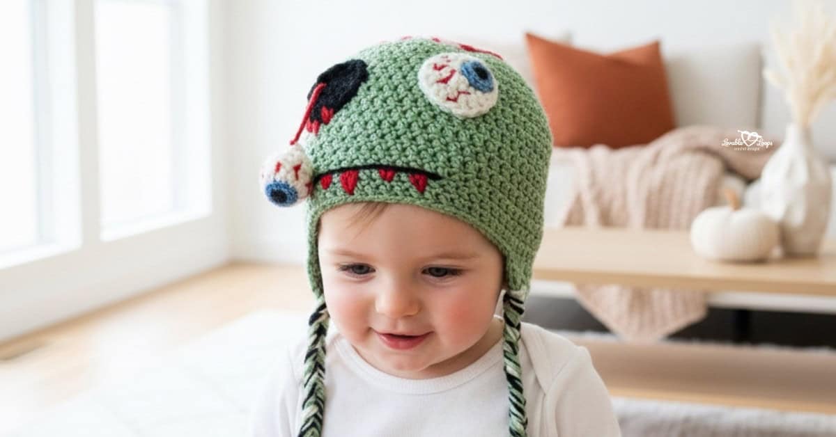 Baby wearing a green crochet zombie hat with mismatched eyeballs, red teeth, and braided earflaps in a bright neutral room with subtle Halloween decor.