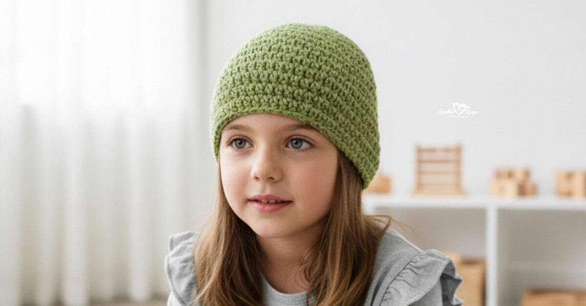 Child wearing a turquoise double crochet beanie, photographed in a bright neutral playroom with soft natural light and simple wood toys in the background.