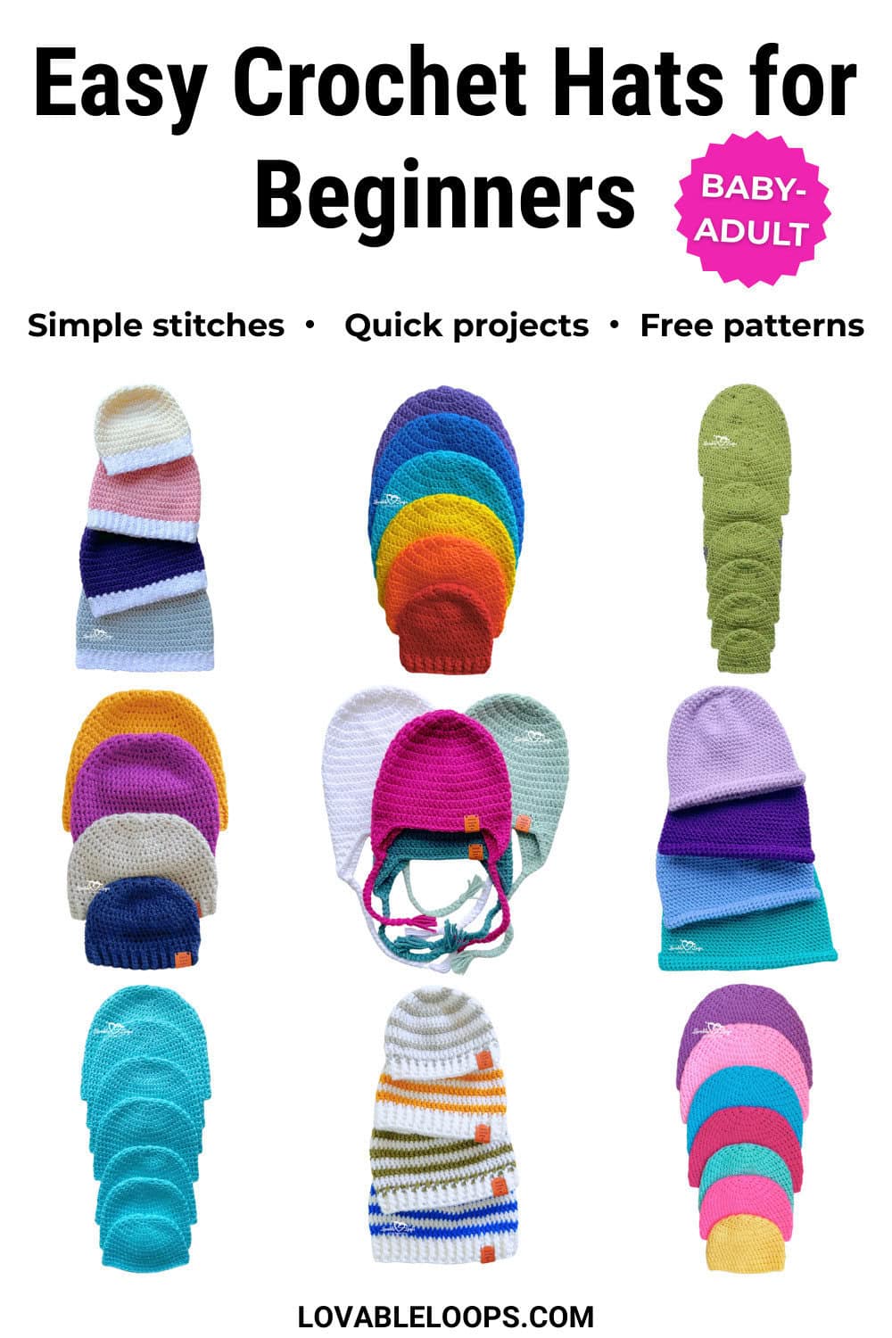 Easy crochet hats for beginners featuring simple crochet beanie patterns in baby to adult sizes. The collage shows beginner crochet hats made with basic stitches, quick projects, and free crochet patterns for learning how to crochet beanies.