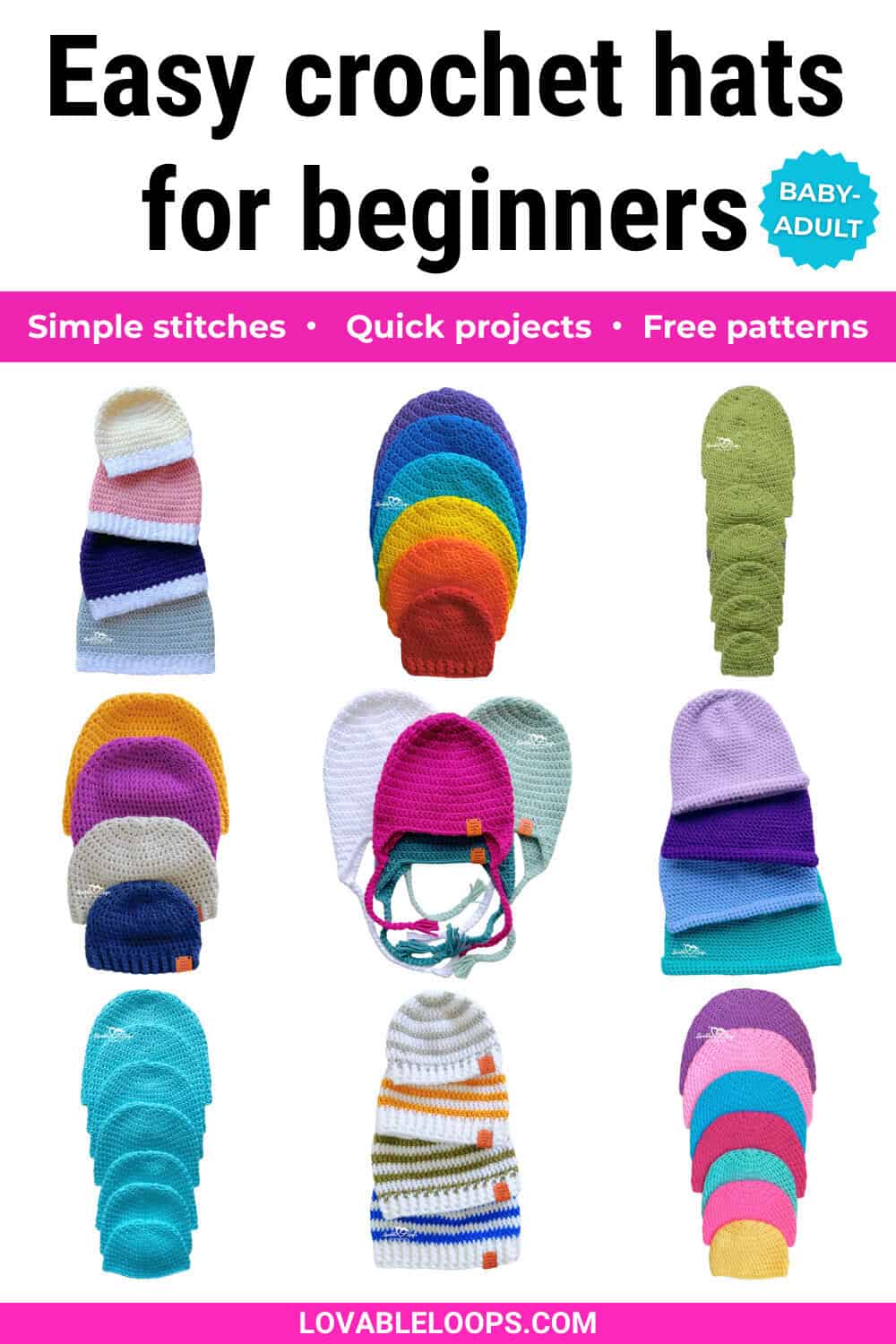 Collage of easy crochet hat patterns for beginners including colorful crochet beanies in baby, toddler, child, and adult sizes. These beginner-friendly crochet hat patterns use simple stitches and quick techniques to make cozy crochet beanies.