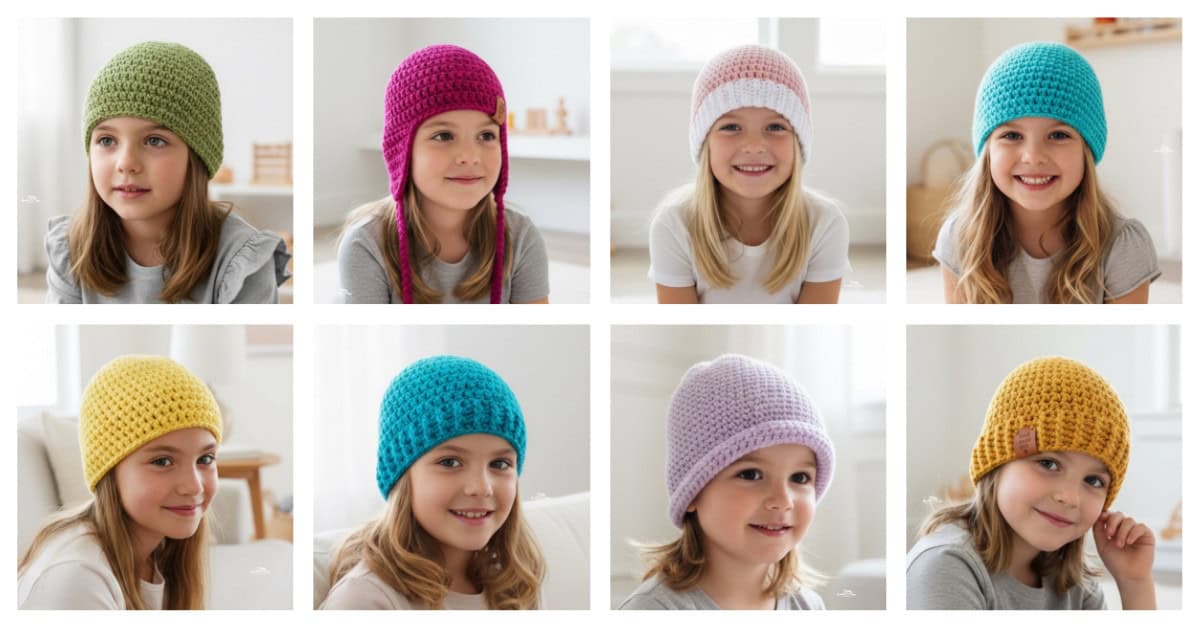 Pinterest graphic featuring a collage of eight girls modeling easy crochet hat patterns, including simple beanies in green, pink, teal, lilac, mustard, and pale pink, with a clean bright background.