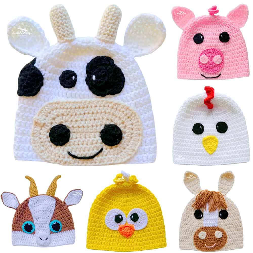 collection of farm animal crochet hats including cow, pig, chicken, chick, goat, and horse crochet hat patterns