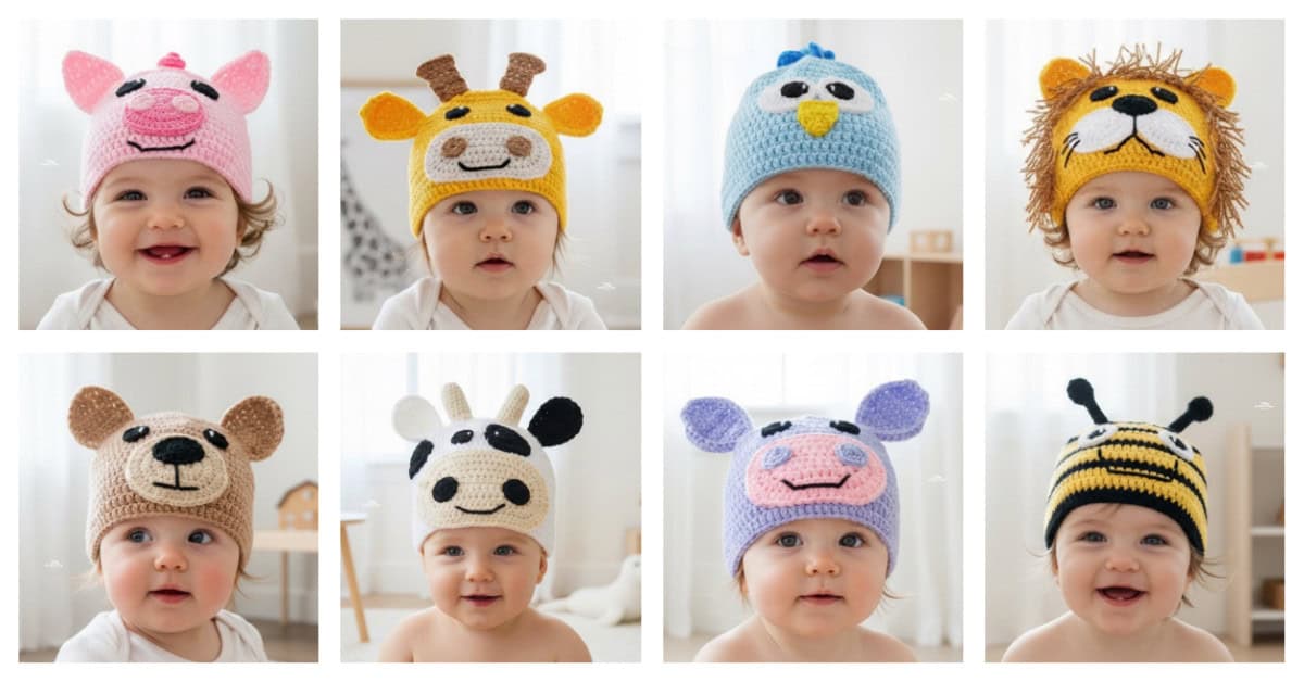 Collage of babies wearing crochet animal hats, including pig, giraffe, bird, lion, bear, cow, hippo, and bee designs.