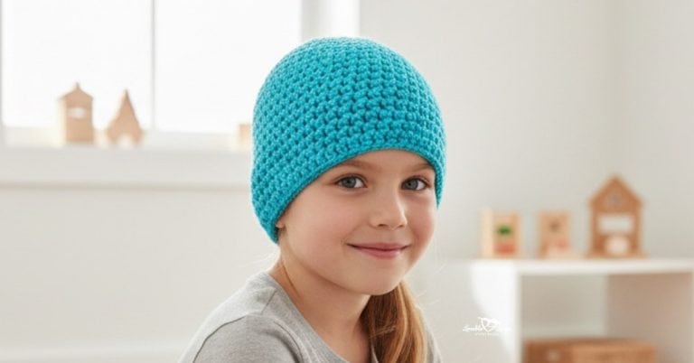 Child wearing a turquoise half double crochet beanie, photographed in a bright neutral playroom with soft natural light and simple wood toys in the background.