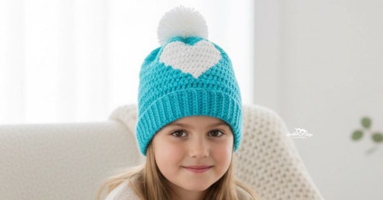 Child wearing a turquoise crochet heart beanie with a white pom pom in a bright cozy living room with soft neutral decor
