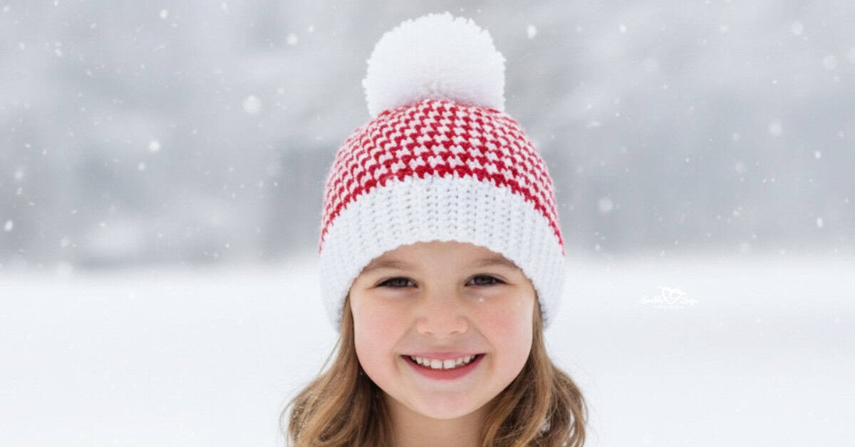 Girl wearing a red and white houndstooth crochet beanie with a white pom-pom standing outside in falling snow