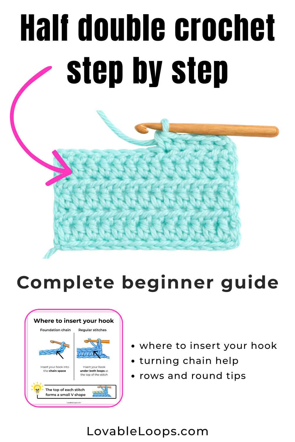 Pinterest pin for a half double crochet tutorial with mint green yarn, a wooden crochet hook, and an inset graphic showing where to insert your hook into the stitch.