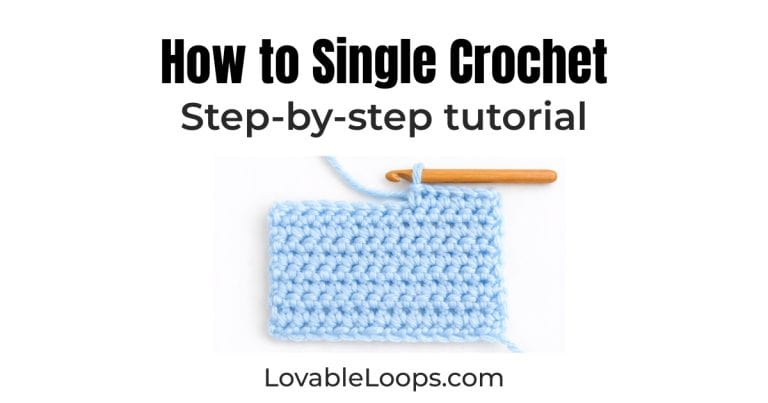 How to single crochet step-by-step tutorial showing a crochet hook making a single crochet stitch