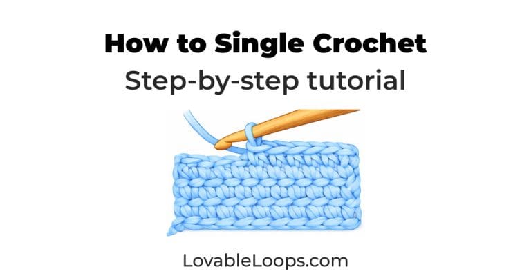How to single crochet step-by-step tutorial showing a crochet hook making a single crochet stitch