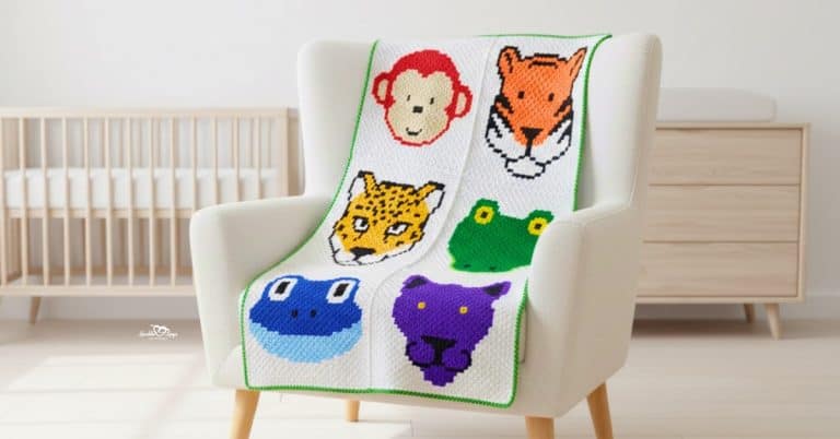 Jungle animals crochet baby blanket with animal face squares draped over a cream armchair in a bright nursery.