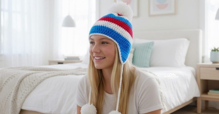 Teen girl wearing a red, white, and blue crochet beanie with ear flaps and white pom poms in a bright modern bedroom.