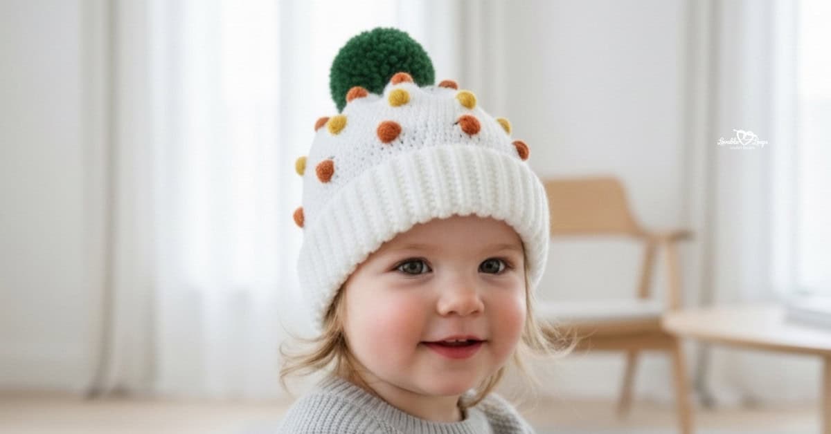 Toddler wearing a white crochet pumpkin patch hat with small orange and yellow pumpkin details and a green pom-pom in a bright neutral room.
