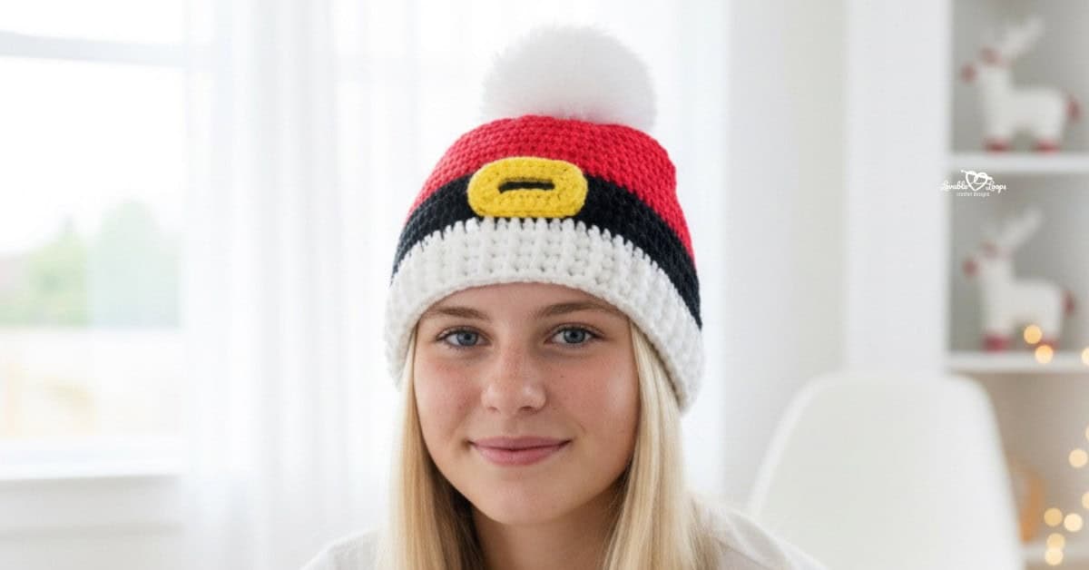 Teenage girl wearing a crochet Santa beanie with a red top, white brim, black stripe, yellow buckle detail, and white pom-pom in a bright neutral room with subtle holiday deco