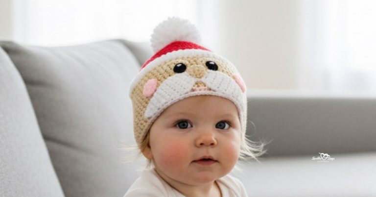 Baby wearing a crochet Santa hat with a white pom pom, red trim, rosy cheeks, and a white mustache in a bright neutral room.