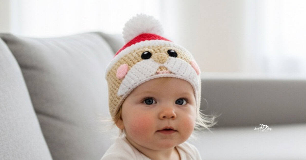 Baby wearing a crochet Santa hat with a white pom pom, red trim, rosy cheeks, and a white mustache in a bright neutral room.