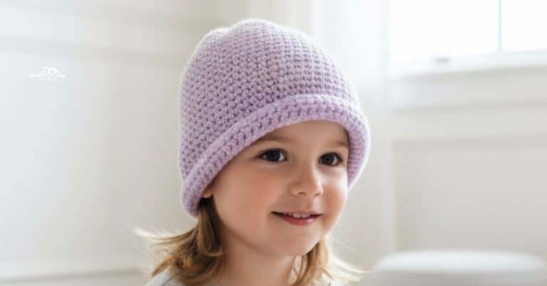 Toddler wearing a light purple single crochet beanie, photographed in a bright white room with soft natural light and a minimal neutral background.