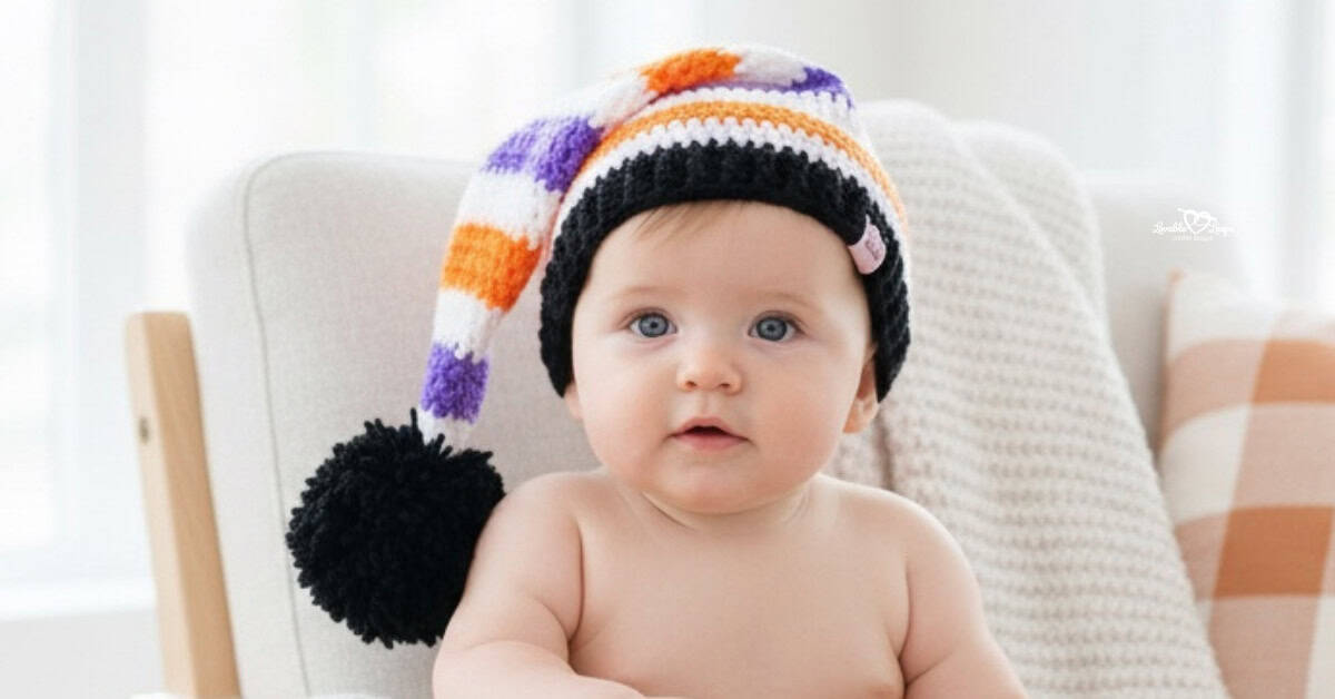 Baby wearing a black, white, orange, and purple striped crochet spooky elf hat with a long tail and black pom-pom, sitting in a bright neutral chair.