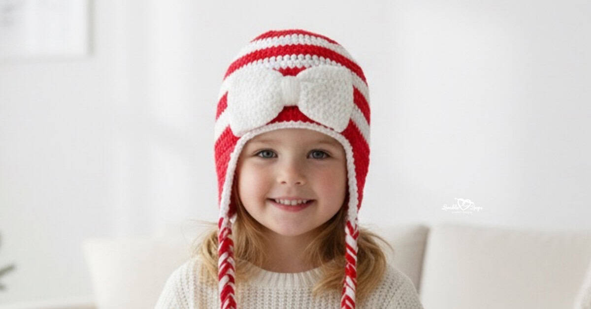 Child wearing a red and white striped crochet hat with braided tassels and a white bow in a bright cozy living room with soft Christmas decor