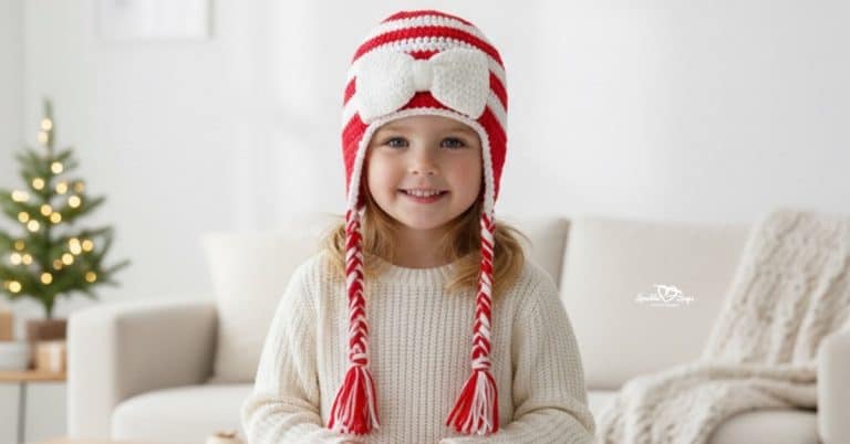 Child wearing a red and white striped crochet hat with braided tassels and a white bow in a bright cozy living room with soft Christmas decor