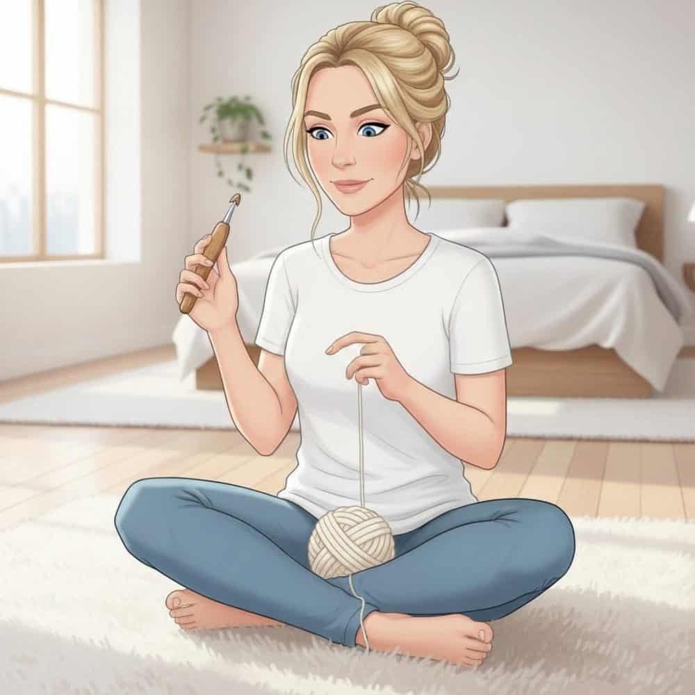 Avatar holding one crochet hook and yarn while sitting on the floor in a calm bedroom with a soft ball of yarn nearby.