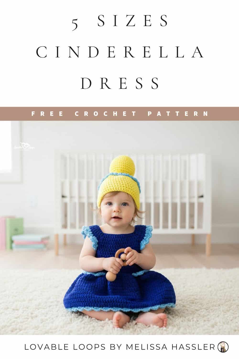 Handmade blue crochet baby Cinderella costume pattern with a matching yellow bun hat for Halloween or baby photos.