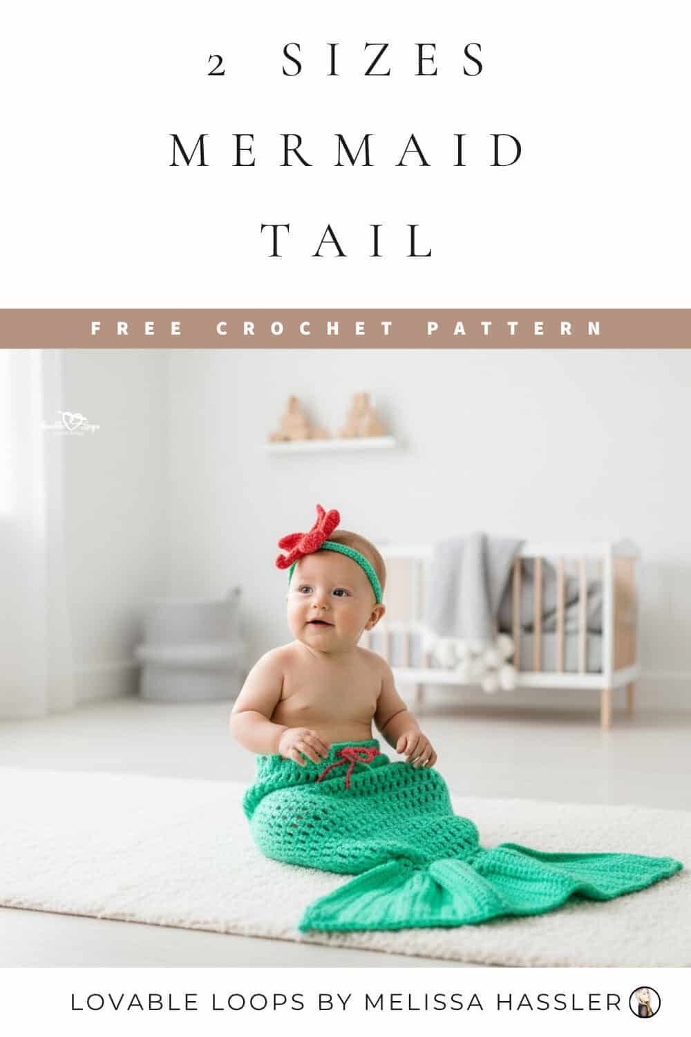Crochet baby mermaid tail photo prop in green yarn with a fin at the bottom, designed for babies 0 to 6 months.