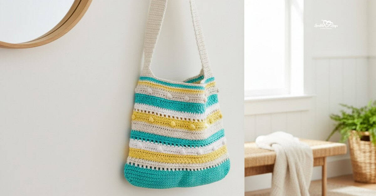 Striped crochet market bag with aqua, yellow, and cream rows plus bobble details hanging against a light neutral wall in a bright room.