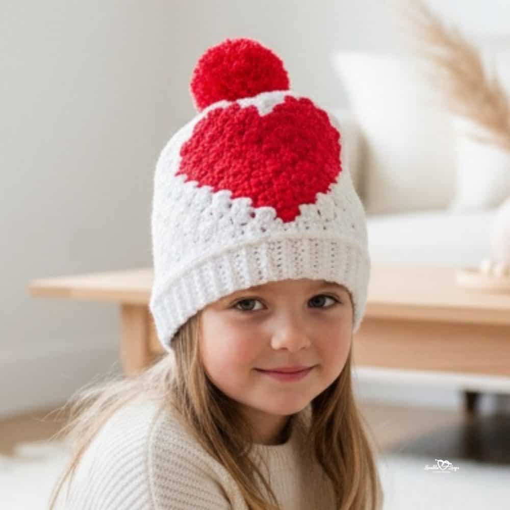 Child wearing a white crochet beanie with a red heart design and red pom pom.