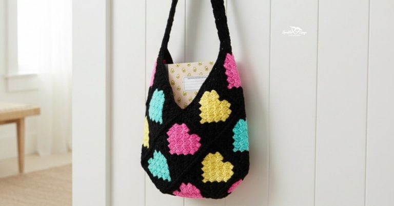 Black crochet tote bag with bright pink, yellow, and aqua heart motifs hanging on a light paneled wall with a notebook tucked inside.