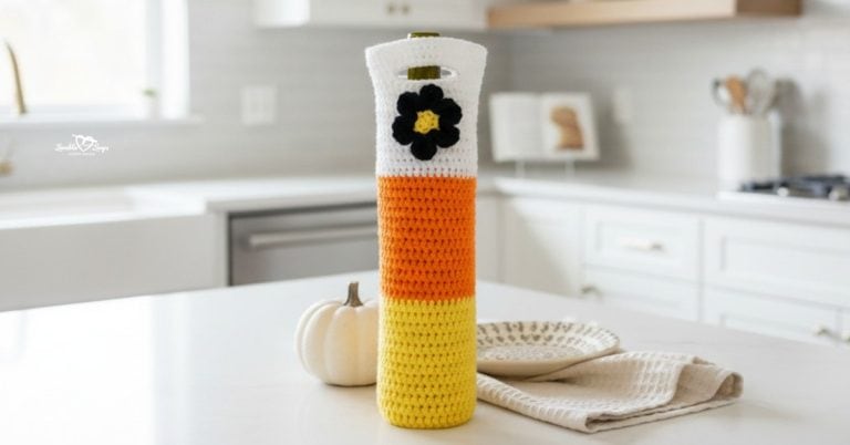 Crochet candy corn wine bottle holder standing on a white kitchen island, styled with a small white pumpkin, cream napkin, and neutral dish in a bright kitchen.