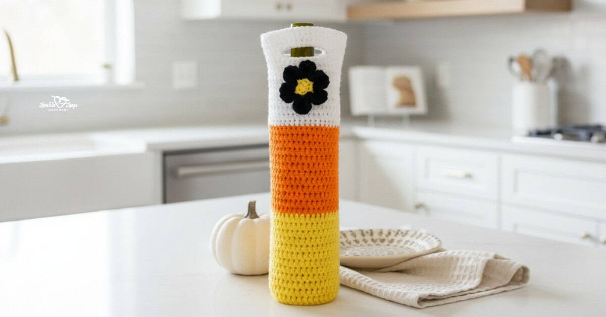 Crochet candy corn wine bottle holder standing on a white kitchen island, styled with a small white pumpkin, cream napkin, and neutral dish in a bright kitchen.