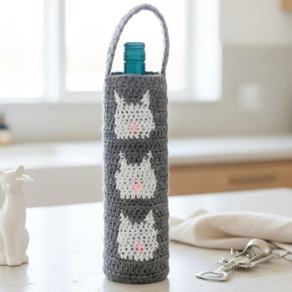 Crochet cat wine bottle bag in gray and white displayed on a bright kitchen island with soft neutral decor in a modern white kitchen.