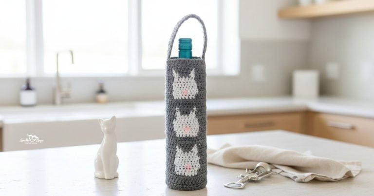 Gray crochet wine bottle holder with three white cat faces standing on a white kitchen island, styled with a cream napkin, corkscrew, and small ceramic cat figurine.