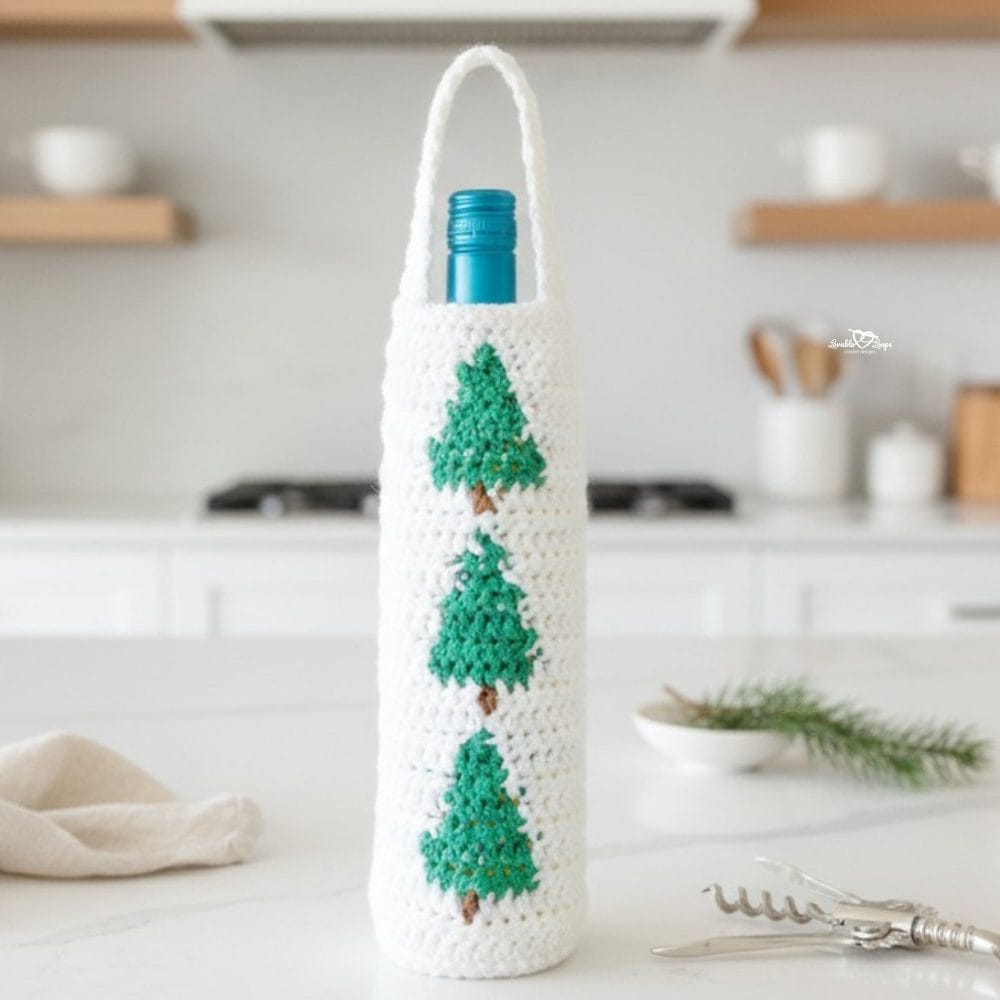 Crochet Christmas tree wine bottle bag displayed in a bright modern kitchen with a white island, minimal holiday decor, and soft natural light.