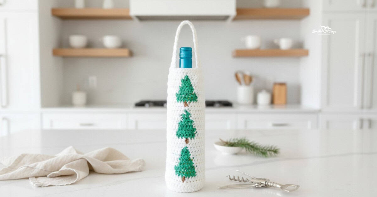 White crochet wine bottle holder with green Christmas tree motifs standing on a white kitchen island, styled with a cream napkin, corkscrew, and a small pine sprig.
