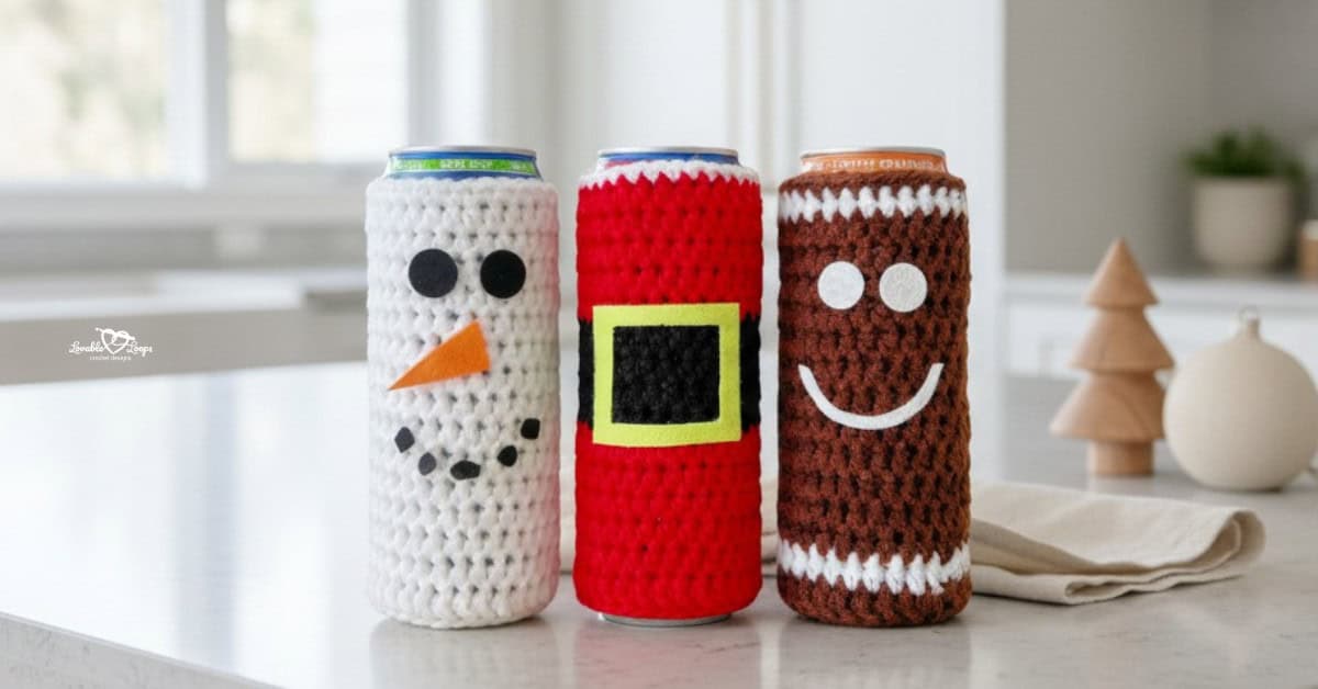 Three crochet Christmas can koozies on a white kitchen island, featuring snowman, Santa, and gingerbread designs in a bright modern kitchen with simple holiday decor.