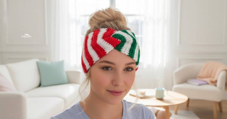 Woman wearing a red, white, and green striped crochet twisted ear warmer in a bright white living room.