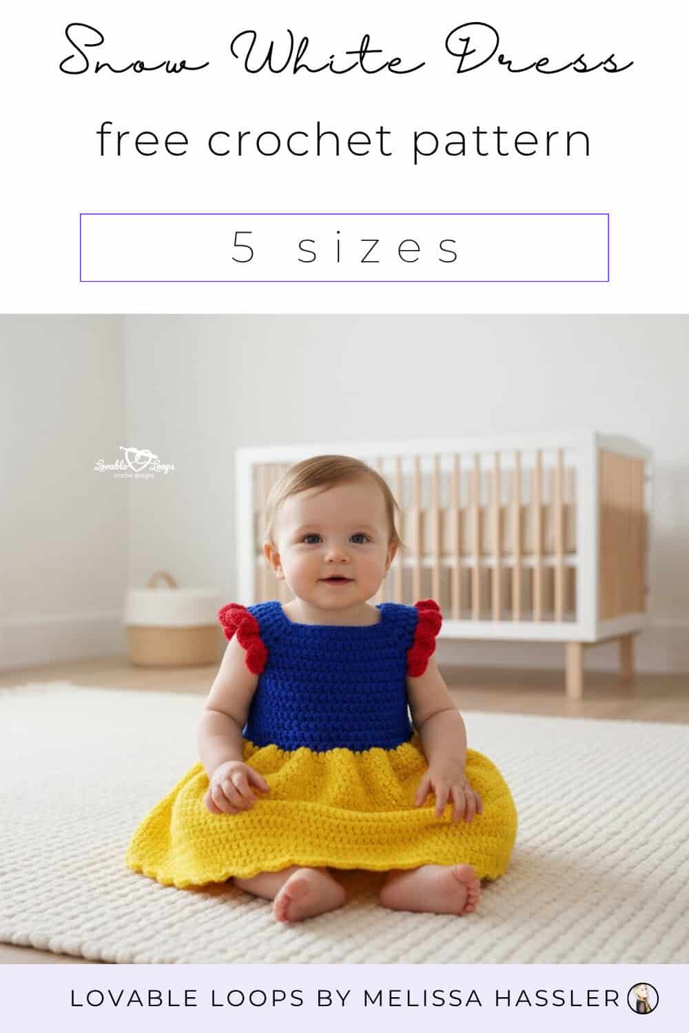 Cute crochet Snow White baby dress pattern modeled by a baby in a nursery, perfect for Halloween or princess photos.