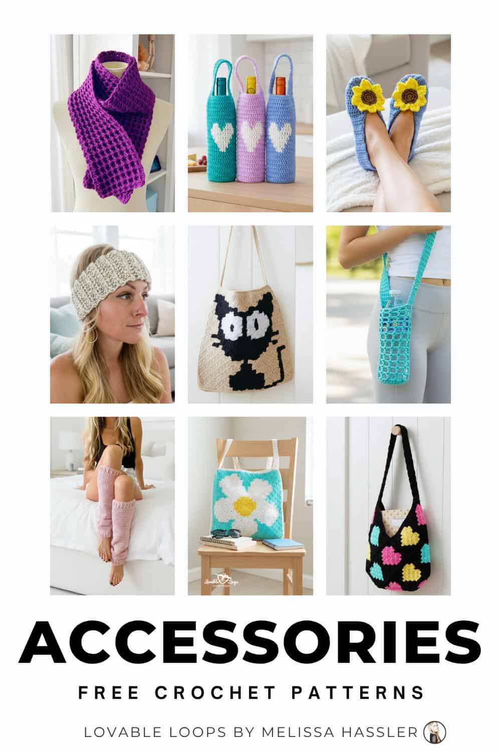 Pinterest pin for free crochet accessory patterns featuring a collage of scarves, bottle holders, slippers, headbands, leg warmers, and crochet bags.
