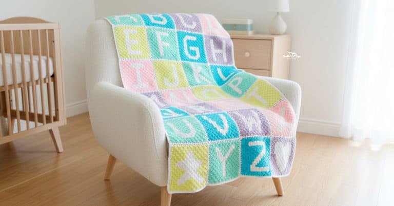 Pastel C2C alphabet crochet blanket draped over a cream armchair, featuring letter blocks in soft baby colors.