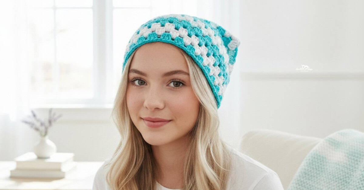 Woman wearing a turquoise and white striped crochet bandana in a bright white living room.