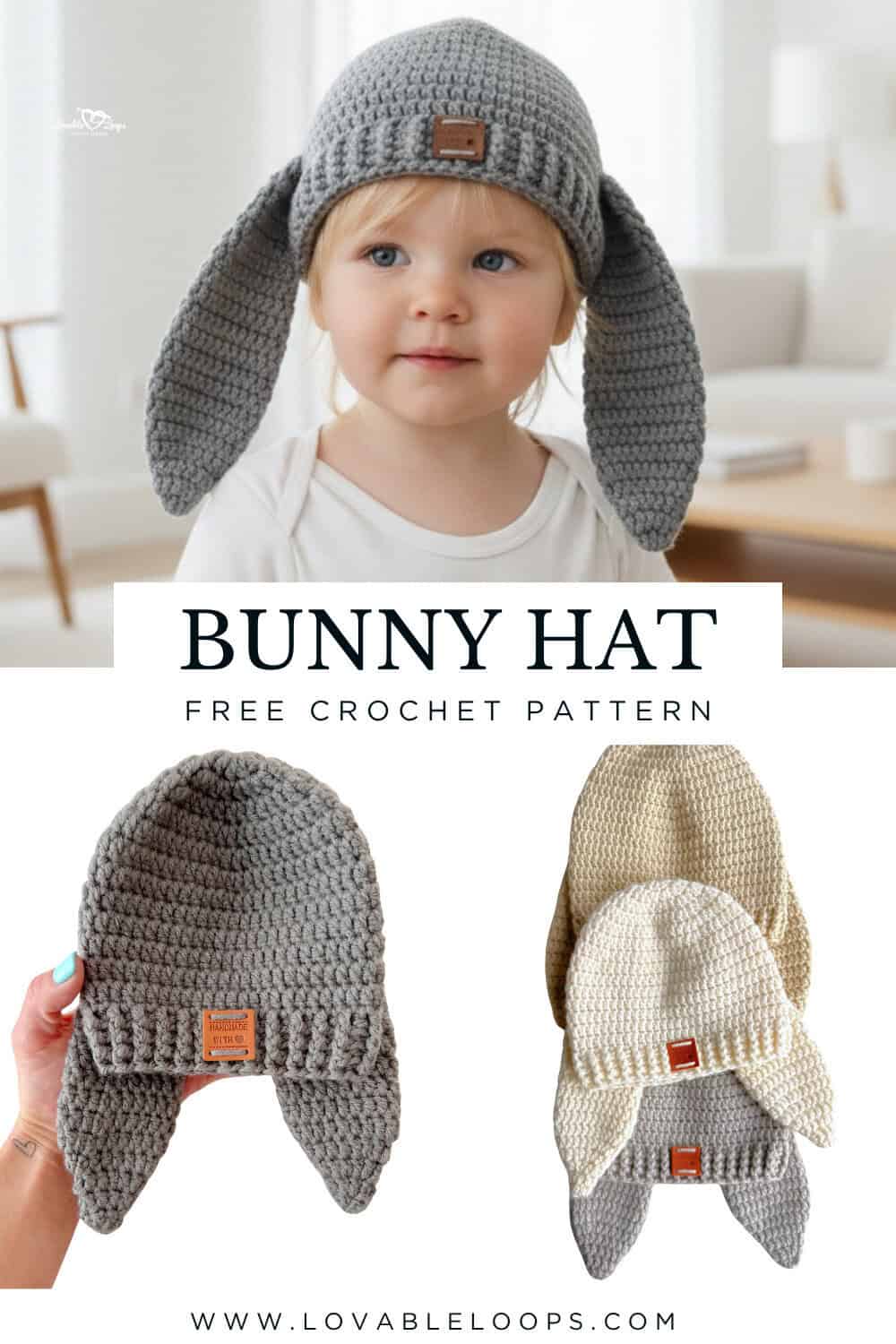 Pinterest pin for a crochet bunny hat pattern with floppy ears showing a toddler in a gray floppy ear bunny hat, plus close-up photos of the finished crochet hats in neutral colors.